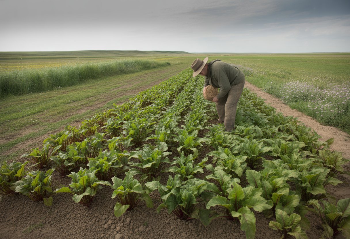 A farmer inspecting rows of native beet plants growing in a North Dakota field with open sky and distant hills.