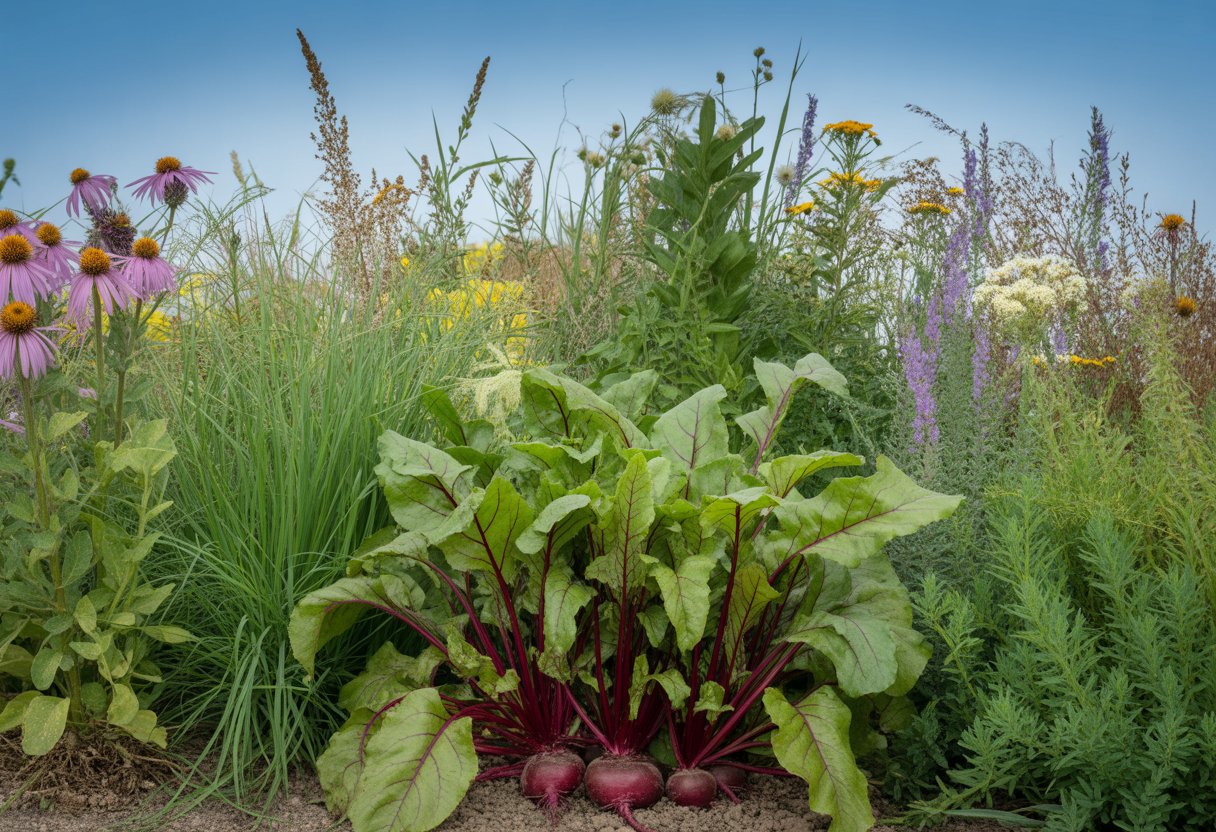 A garden with native beet plants surrounded by other native North Dakota plants under a clear blue sky.