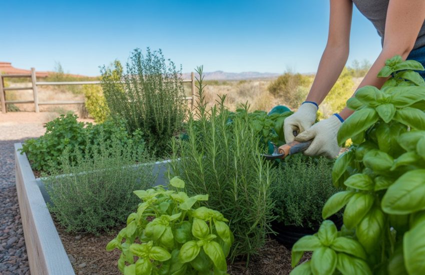 A person tending to a thriving herb garden with rosemary, thyme, basil, and sage in raised beds, set against a clear sky and red rock formations.