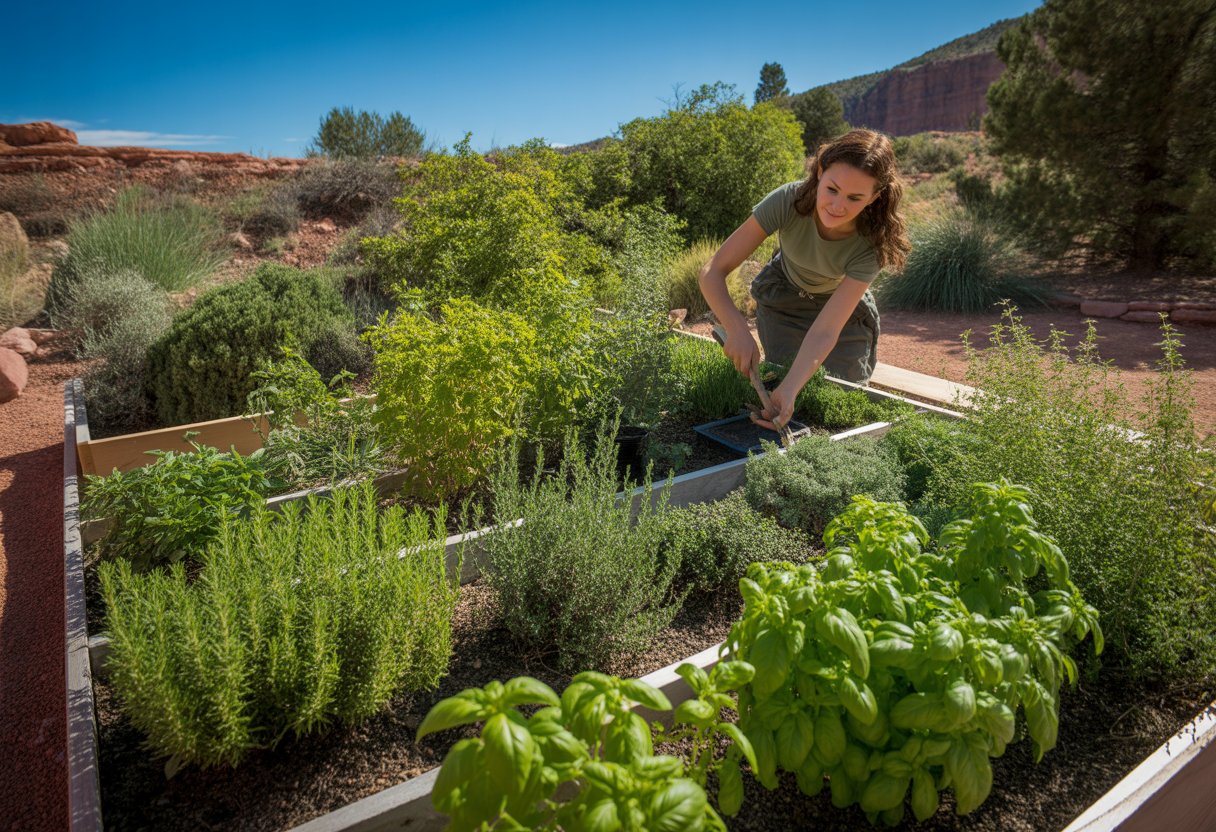 A gardener tending to various herbs growing in raised beds with red rock formations and clear blue sky in the background.