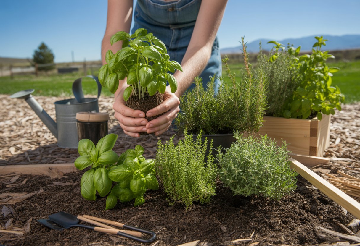 Hands planting fresh herb seedlings in a garden bed with Utah mountains in the background.