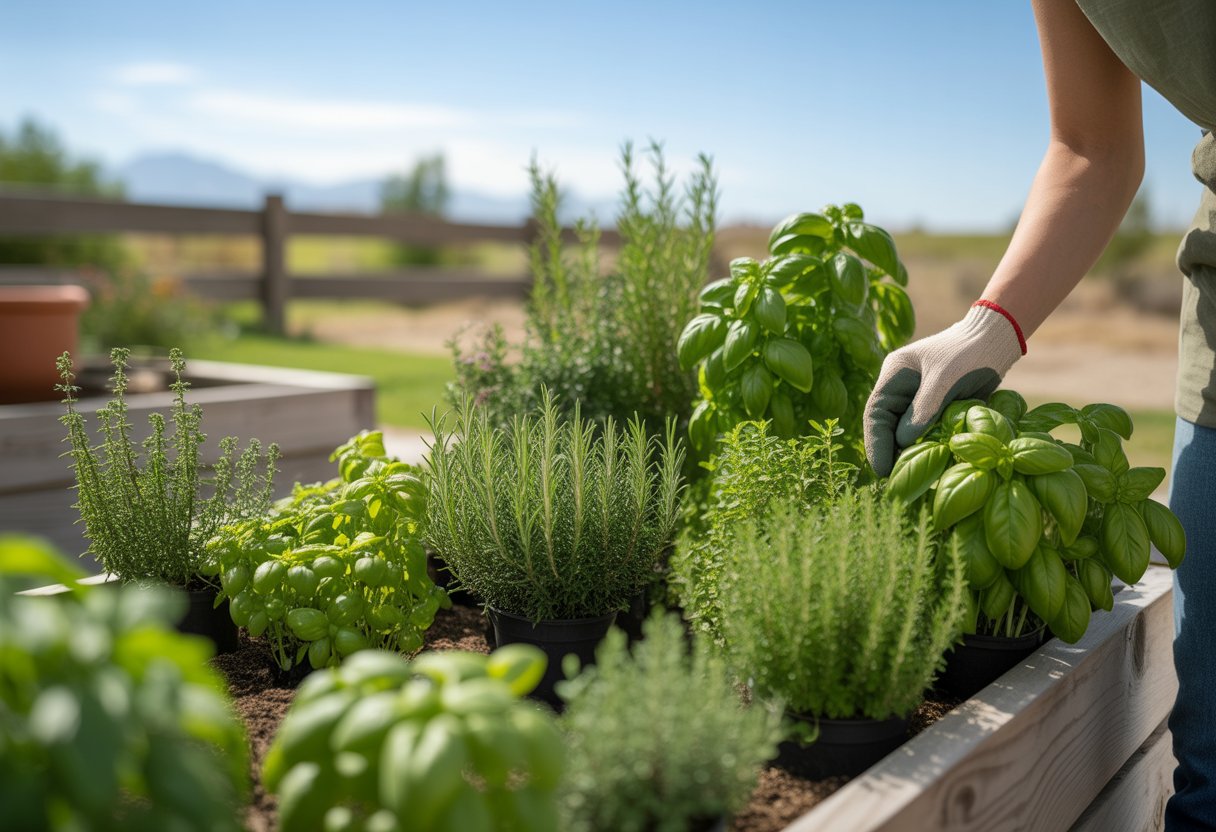 A close-up of a lush herb garden with various green herbs growing in raised wooden beds under sunlight, with a gardener's gloved hand tending to the plants.