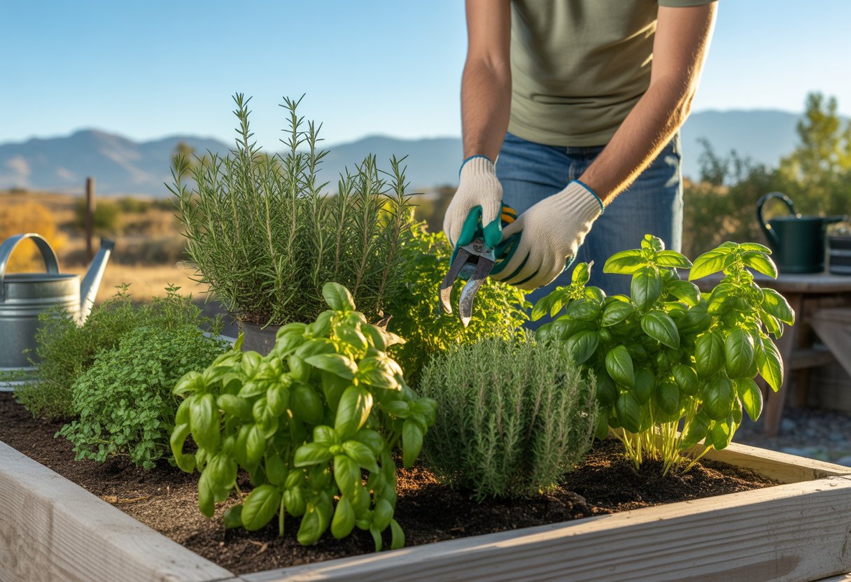 A person tending to a thriving herb garden with various green herbs in raised beds, with mountains visible in the background under a clear sky.
