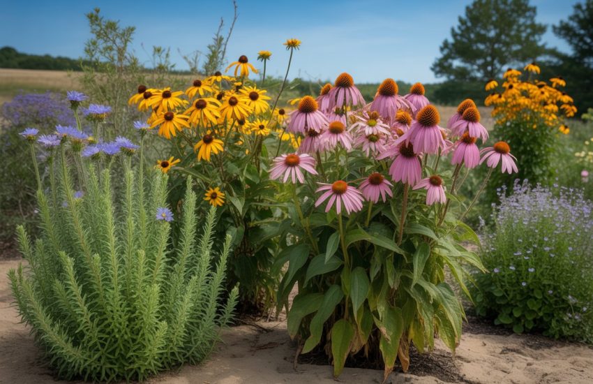 A garden of drought tolerant native North Carolina plants with colorful flowers and green foliage under a clear blue sky.