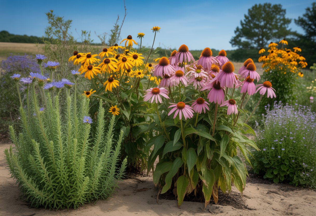 A garden of drought tolerant native North Carolina plants with colorful flowers and green foliage under a clear blue sky.