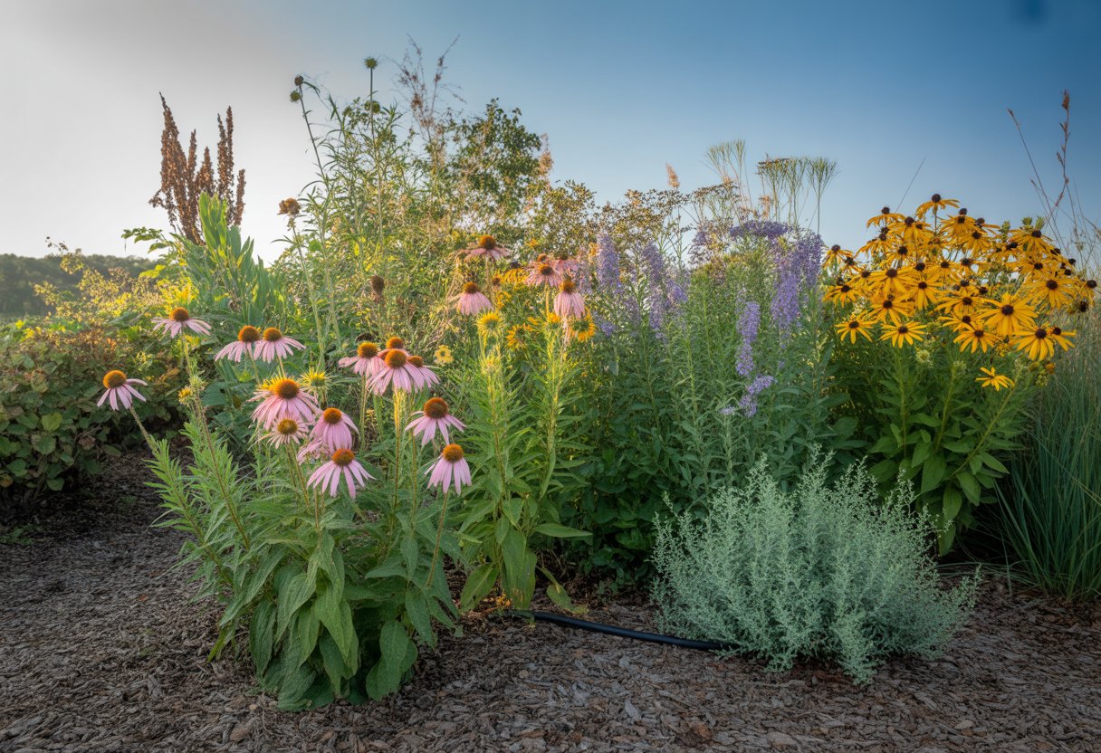 A sunny garden bed in North Carolina with drought-tolerant native plants like purple coneflowers and black-eyed Susans growing in rich soil under a clear blue sky.