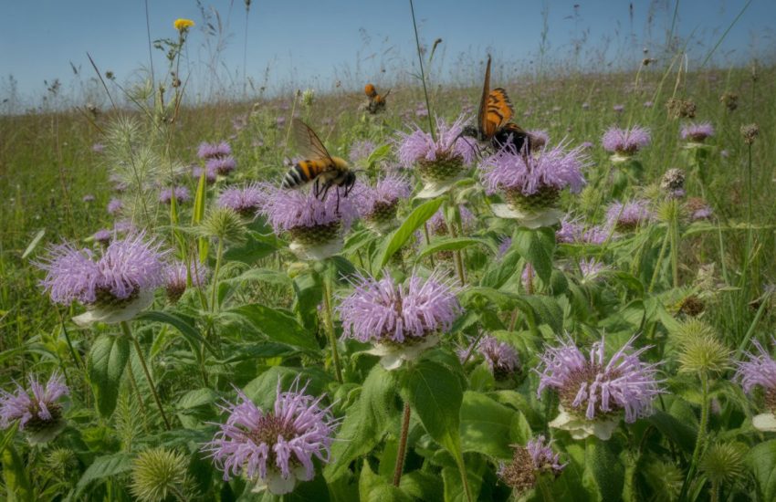Close-up of purple wild bergamot flowers with bees and butterflies in a green meadow under a clear blue sky.