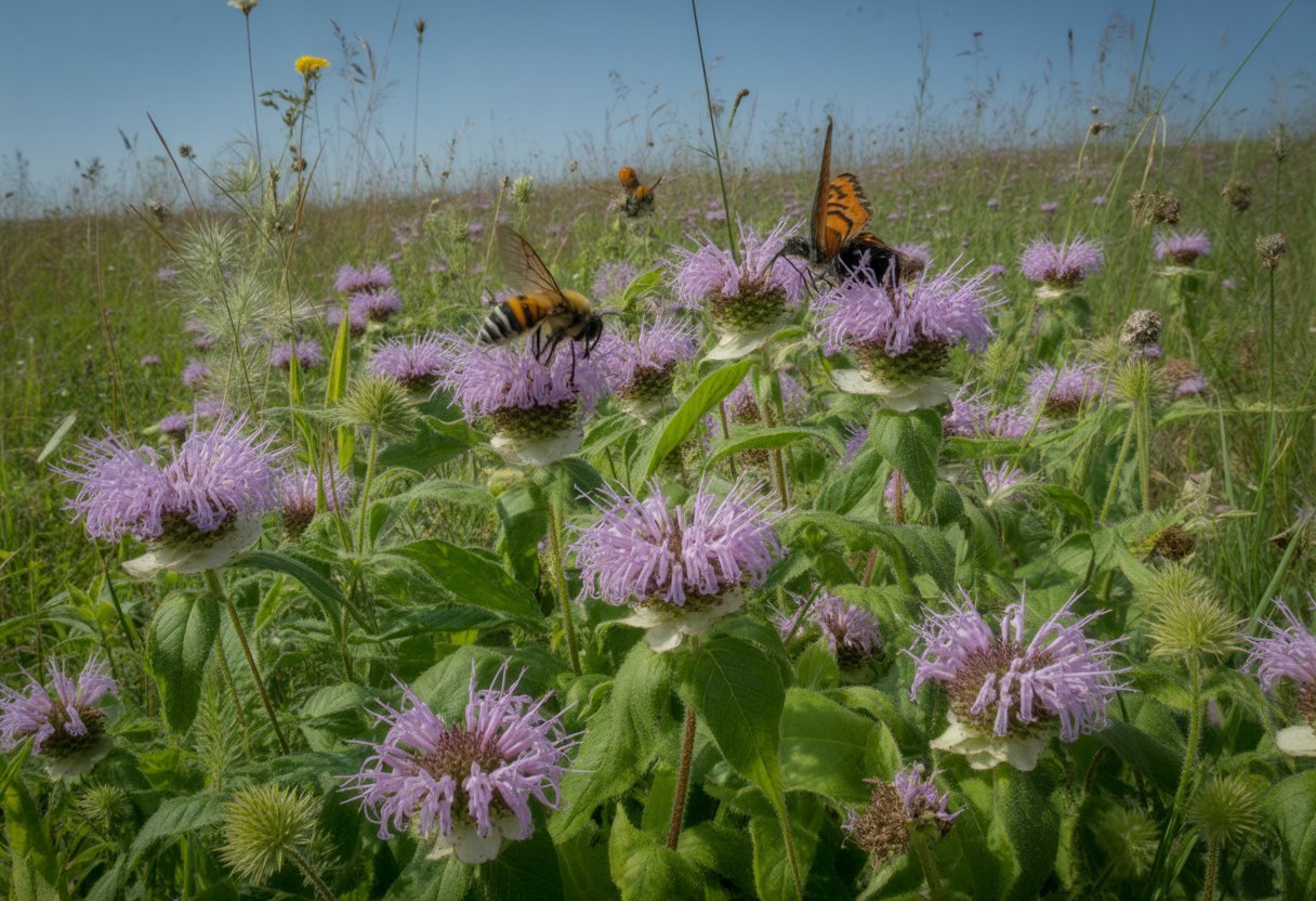 Benefits of Planting Native Wild Bergamot for Pollinators and Soil Health - PlantNative.org Close-up of purple wild bergamot flowers with bees and butterflies in a green meadow under a clear blue sky.