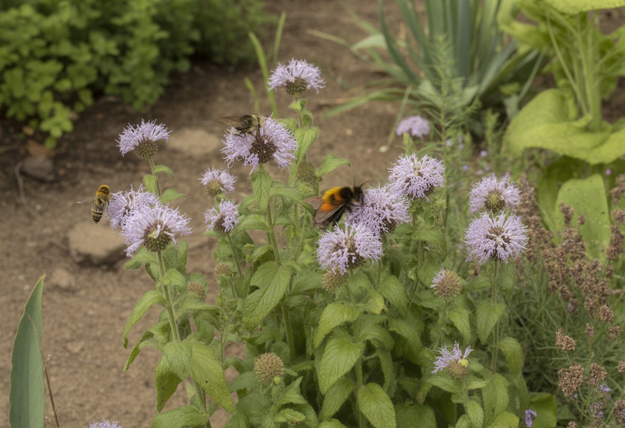 Benefits of Planting Native Wild Bergamot for Pollinators and Soil Health - PlantNative.org Close-up of native wild bergamot plants with pink flowers and green leaves in a garden, with bees and butterflies on the flowers.