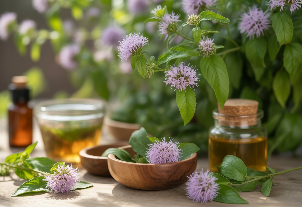 Benefits of Planting Native Wild Bergamot for Pollinators and Soil Health - PlantNative.org Close-up of native wild bergamot plants with purple flowers, fresh leaves in a wooden bowl, a glass of herbal tea, and essential oil bottles arranged outdoors.