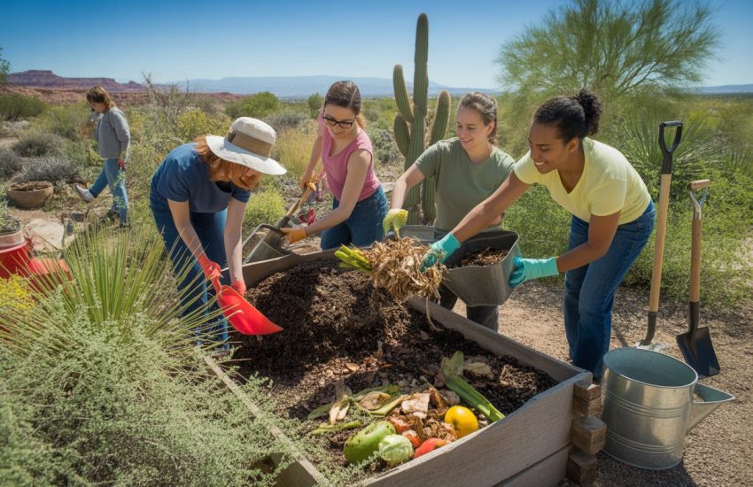 Gardeners adding organic waste to a compost bin surrounded by desert plants and red rock formations in New Mexico.