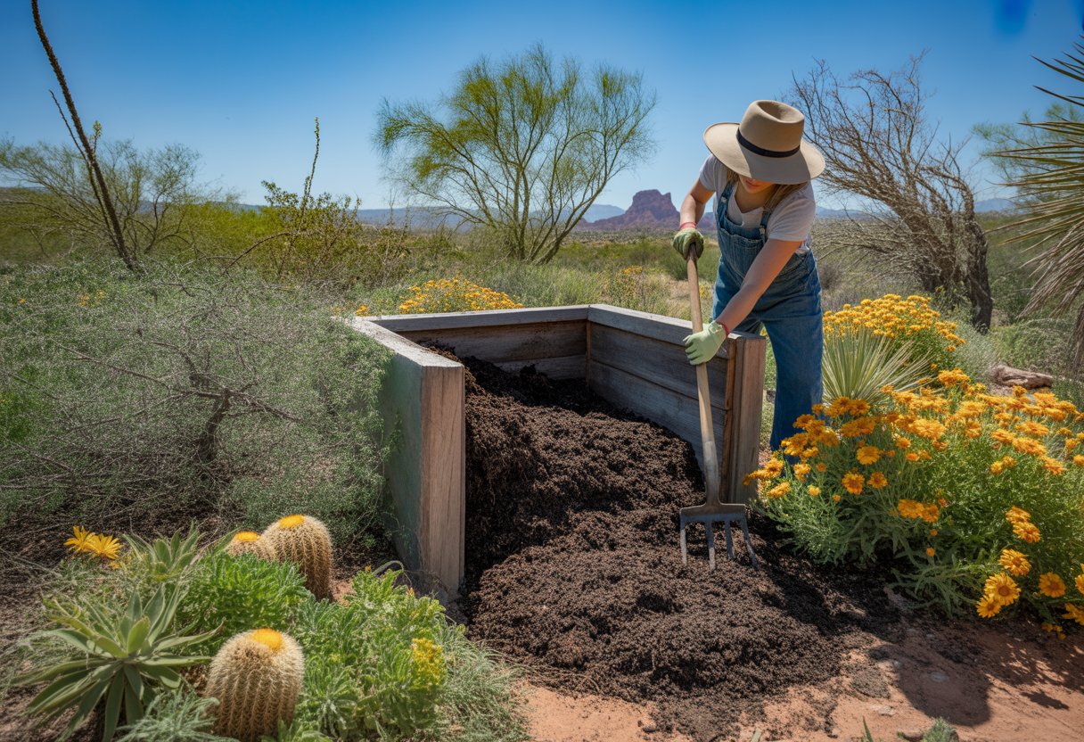 Composting Tips for New Mexico Gardeners: Essential Practices for Optimal Soil Health - PlantNative.org A gardener turning compost in a bin surrounded by native New Mexico plants and red rock formations under a clear blue sky.