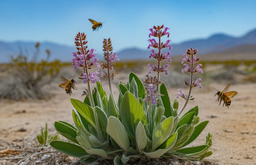 A sage plant with purple flowers in a Nevada desert setting, with bees and butterflies visiting the flowers.