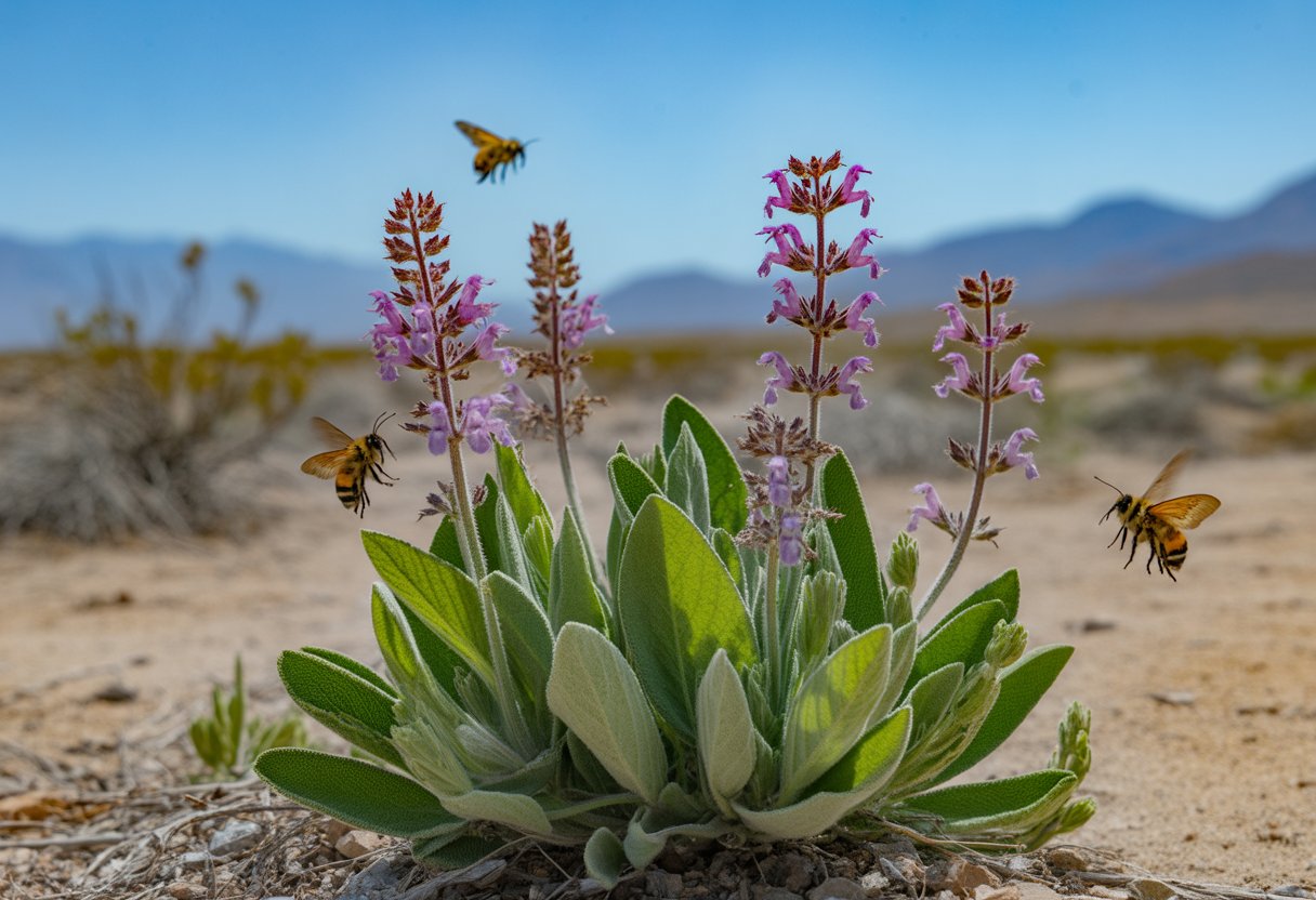 A sage plant with purple flowers in a Nevada desert setting, with bees and butterflies visiting the flowers.