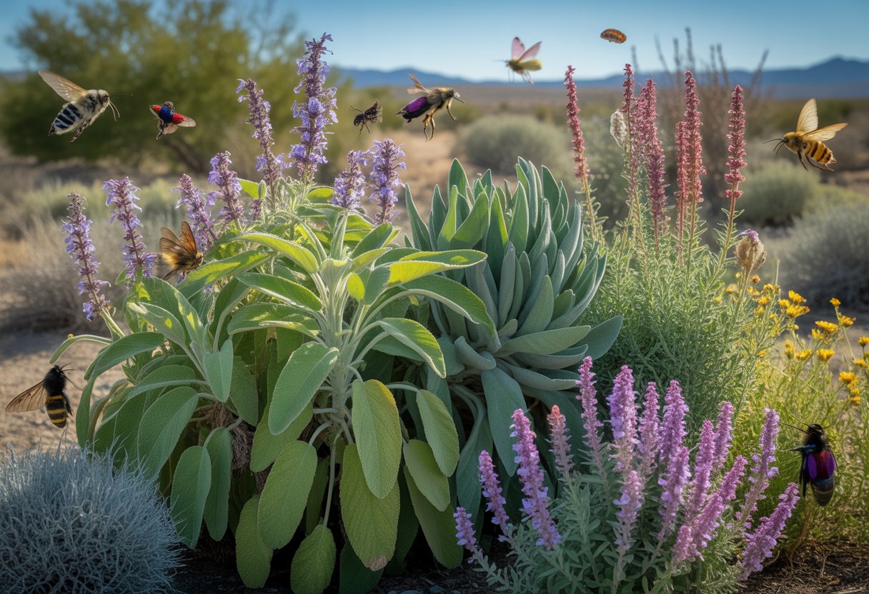 A variety of sage plants with purple and pink flowers in a Nevada garden visited by bees, butterflies, and hummingbirds under clear blue skies.