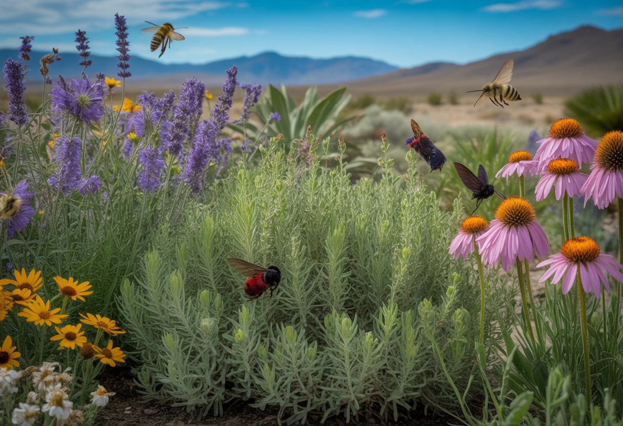 A garden in Nevada with blooming sage and companion plants attracting bees, butterflies, and hummingbirds under a clear blue sky.