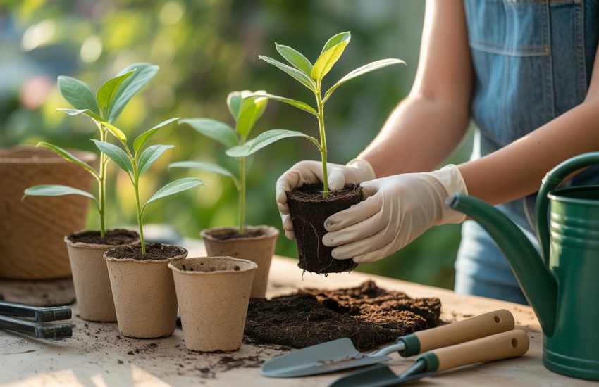 Hands transplanting milkweed seedlings into small pots with gardening tools nearby.