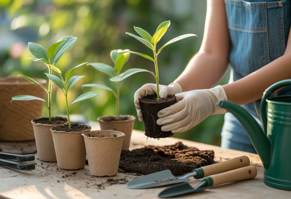 Hands transplanting milkweed seedlings into small pots with gardening tools nearby.