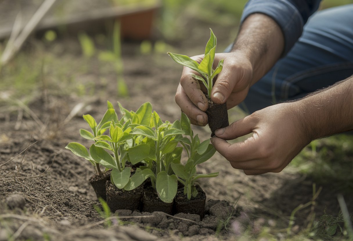 Hands caring for young milkweed seedlings planted in soil outdoors.