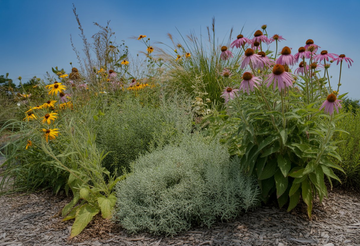 A garden in New Hampshire with drought-tolerant native plants including purple coneflowers, black-eyed Susans, and grasses growing in rocky soil under a clear blue sky.
