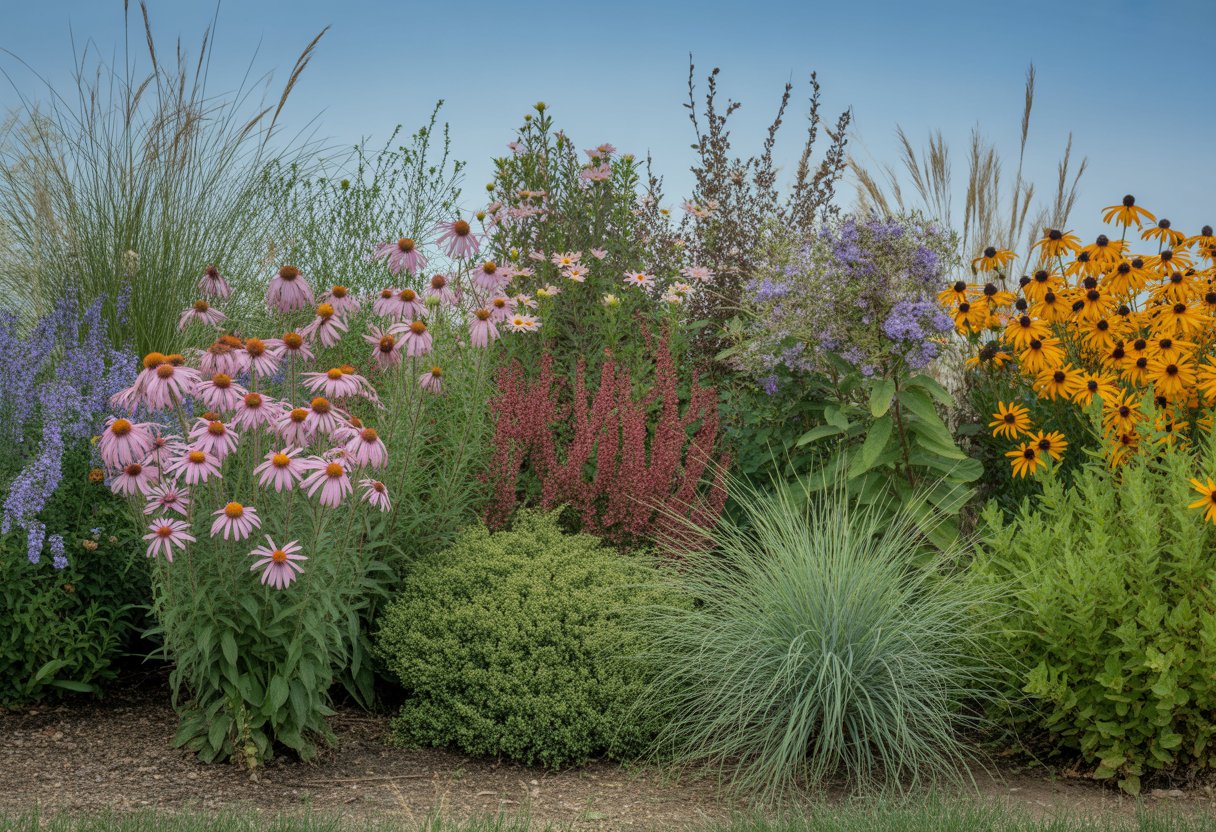 A garden with various drought tolerant native plants growing in dry soil under a clear blue sky.