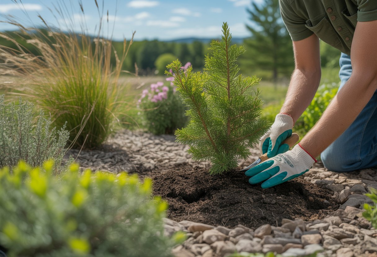A gardener planting native drought-tolerant plants in a sunny garden with New Hampshire trees in the background.