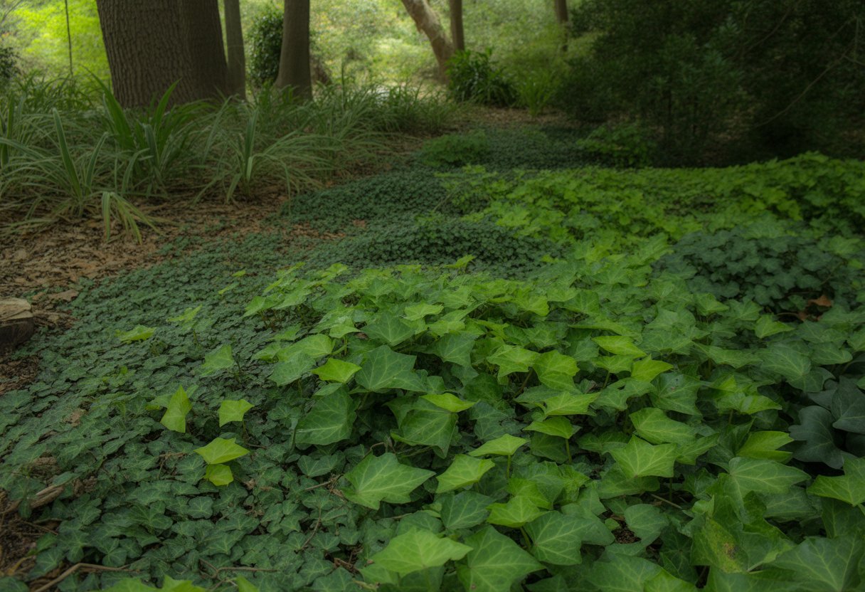 A shaded garden area in South Carolina covered with green shade-loving ground cover plants beneath tall trees.