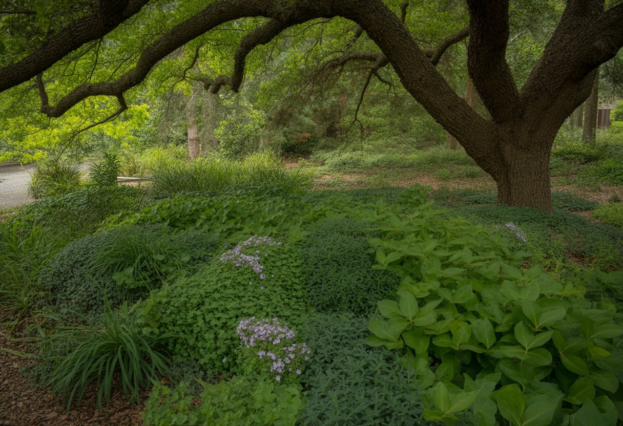A shaded garden area with various green ground cover plants growing under large oak trees.