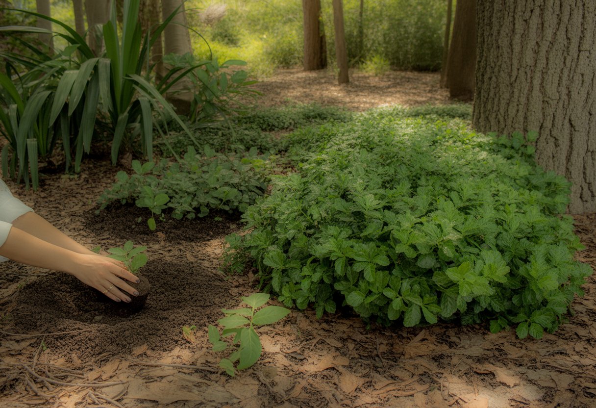 Hands planting shade-loving ground cover plants under trees in a shaded garden area with green foliage and natural soil.