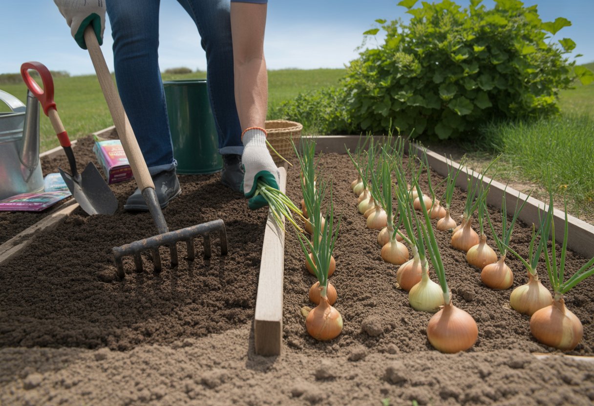 Hands planting onion seedlings in a garden bed with gardening tools nearby and green plants in the background.