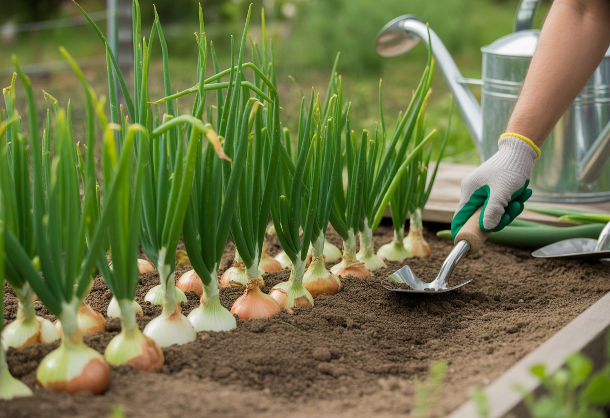 A gardener tending to rows of healthy onion plants growing in a vegetable garden.