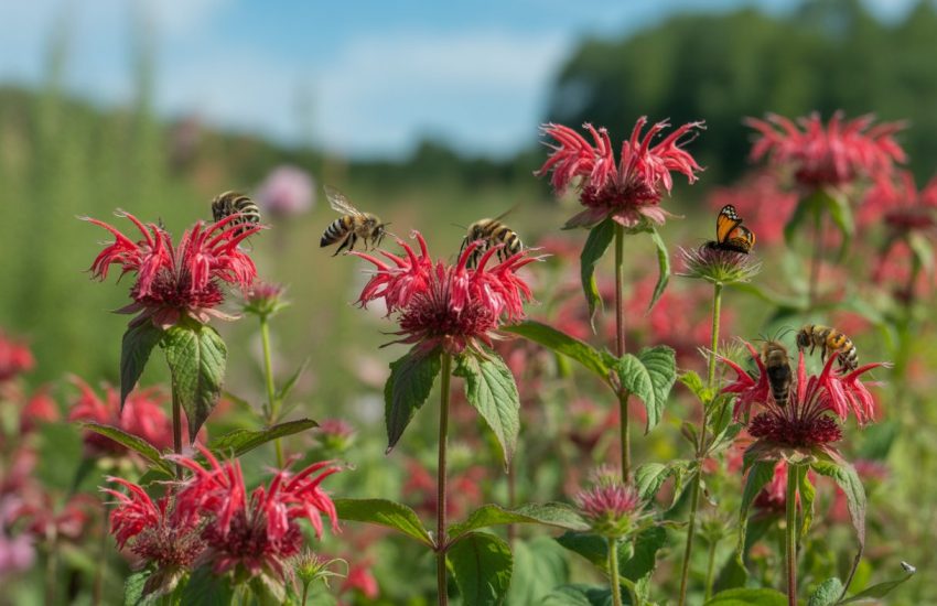 A garden with native bee balm flowers attracting bees and butterflies under a clear sky.
