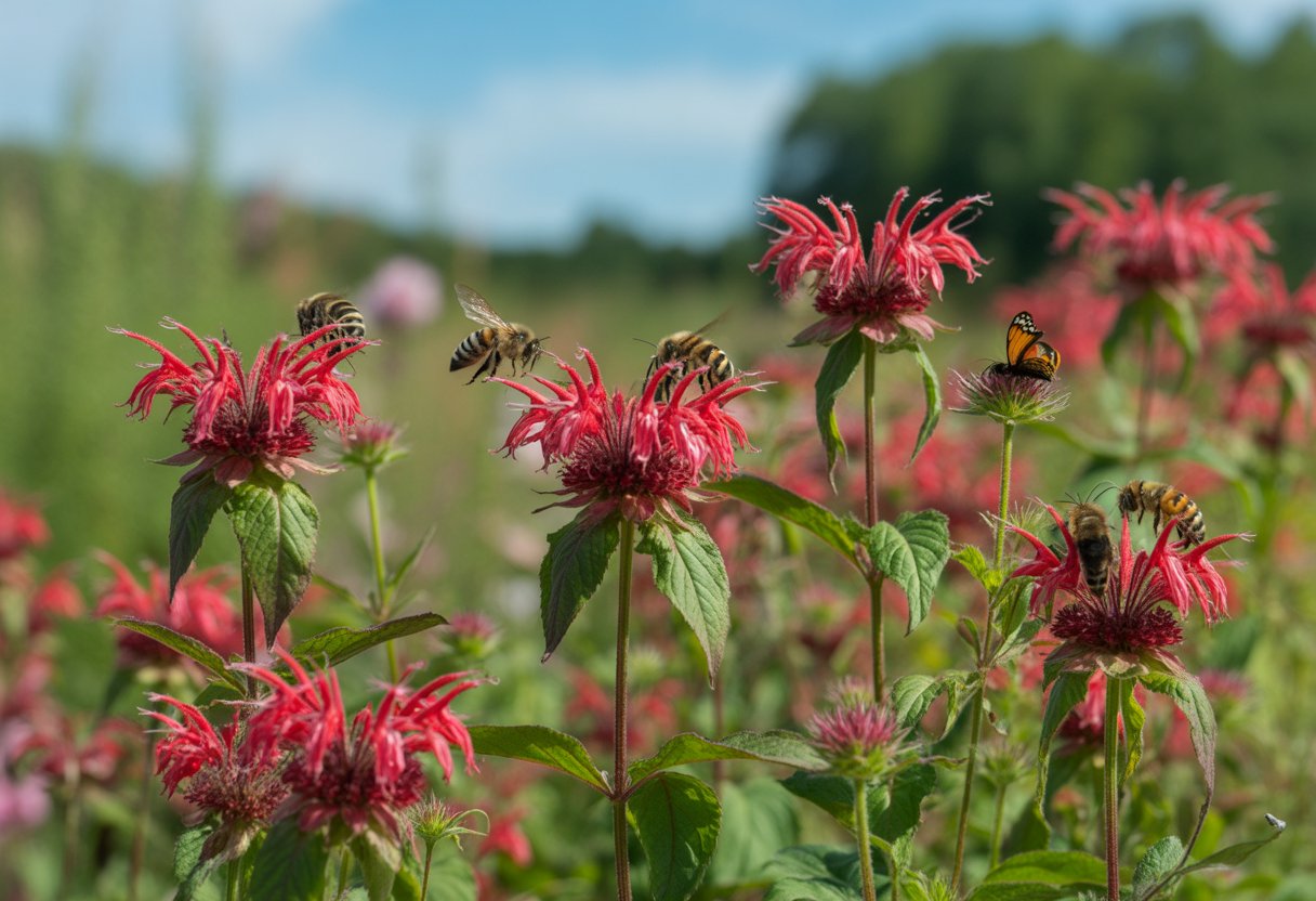 A garden with native bee balm flowers attracting bees and butterflies under a clear sky.