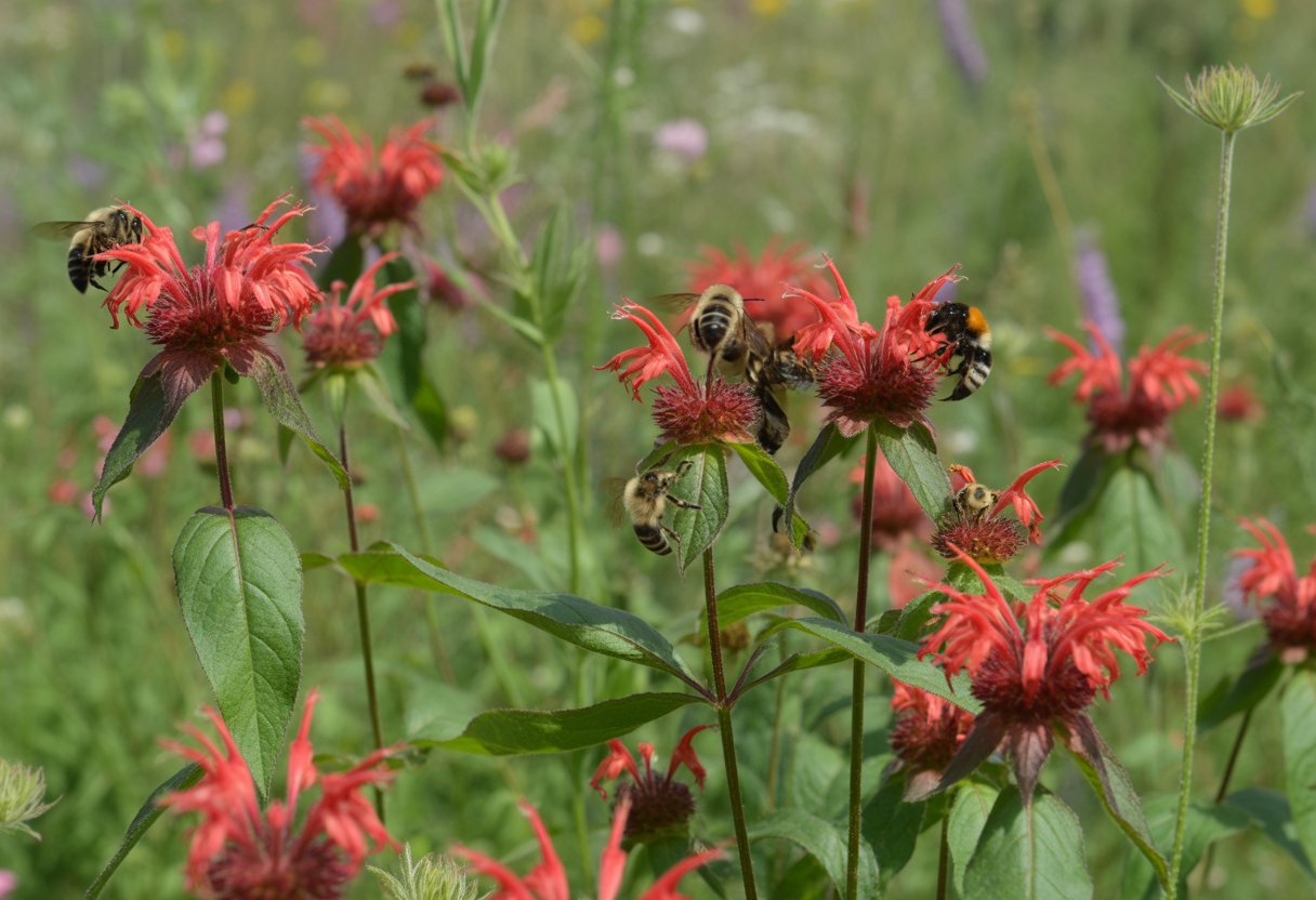 Close-up of native bee balm flowers with bees pollinating them in a green garden.