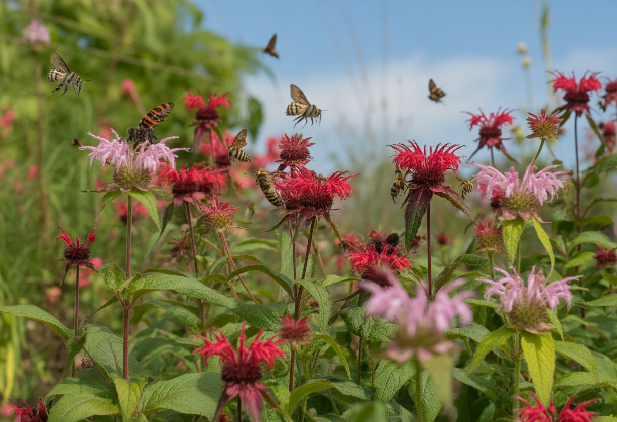 A garden with blooming native bee balm flowers attracting bees and butterflies among green plants under a clear sky.