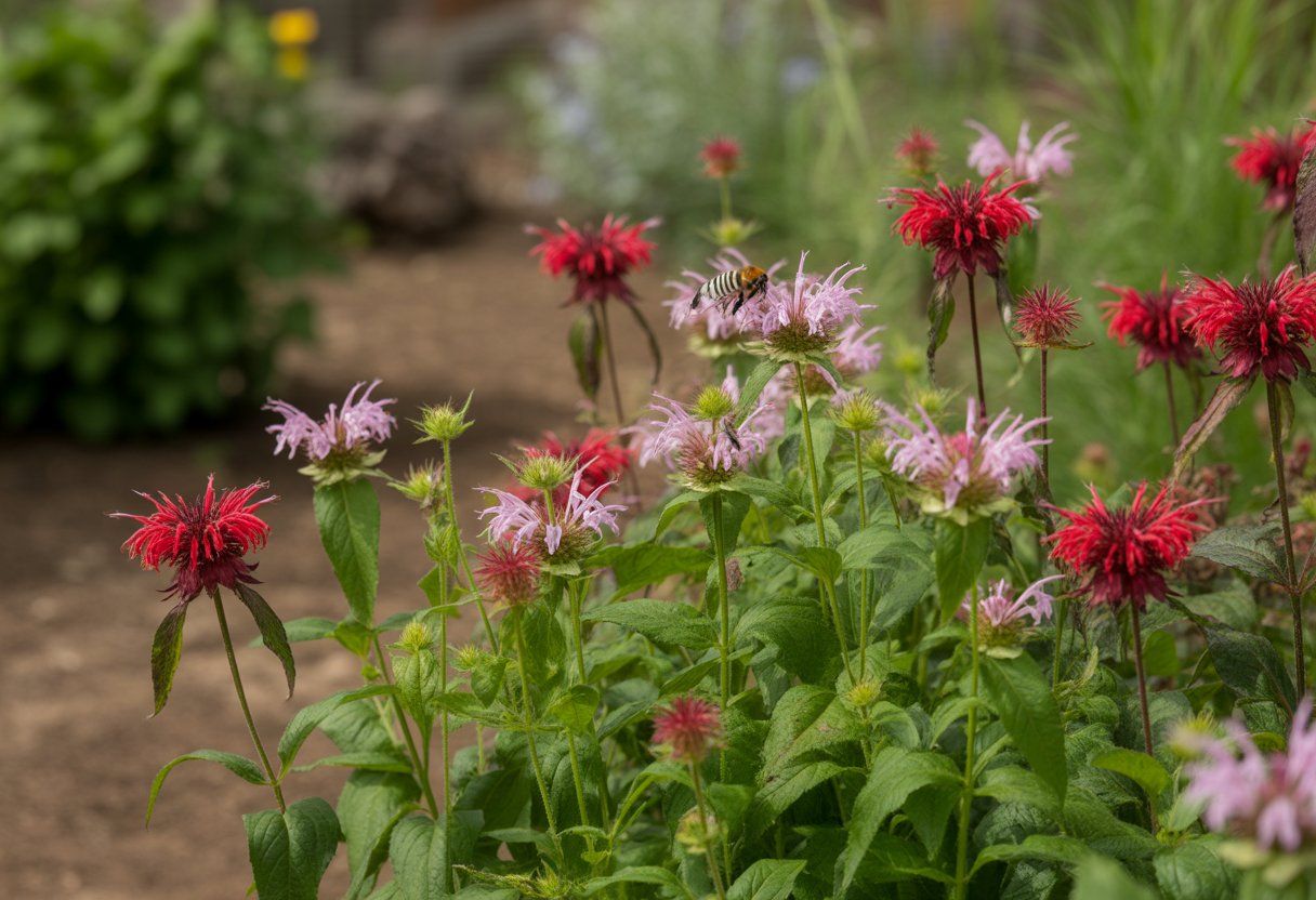 Close-up of native bee balm flowers blooming in a garden with bees and butterflies visiting the blossoms.