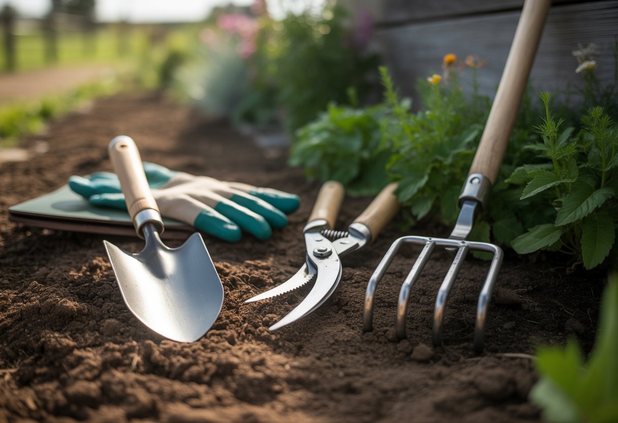 A set of essential gardening hand tools including a trowel, pruning shears, hand cultivator, garden fork, and gloves arranged on soil with green plants and a wooden fence in the background.