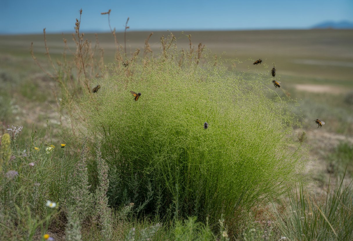 Prairie dropseed grass with bees and butterflies in a Nevada prairie landscape under a clear blue sky.