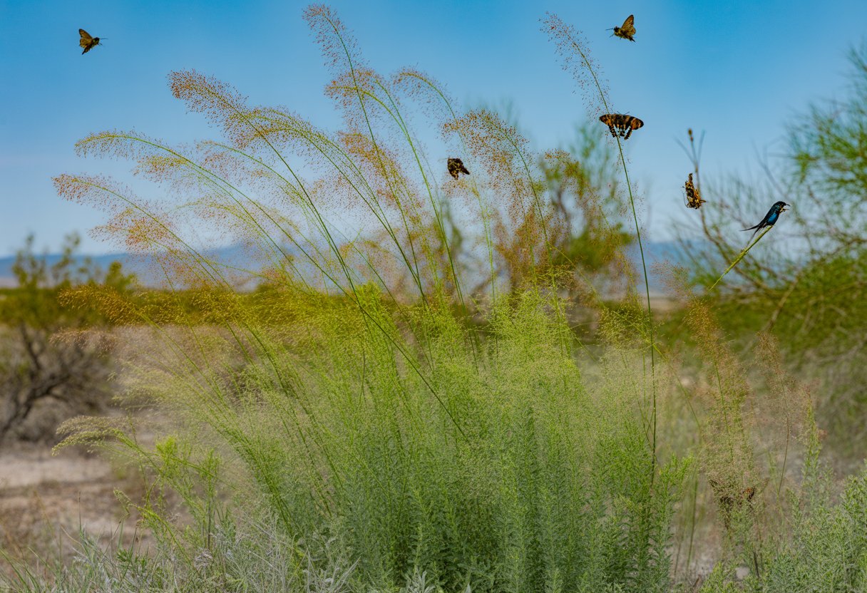 A prairie dropseed plant in bloom with bees, butterflies, and hummingbirds visiting it in a Nevada prairie landscape under a clear blue sky.