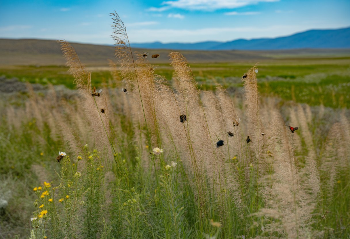 A healthy prairie with prairie dropseed grass and pollinators like bees and butterflies in a Nevada landscape under a clear blue sky.