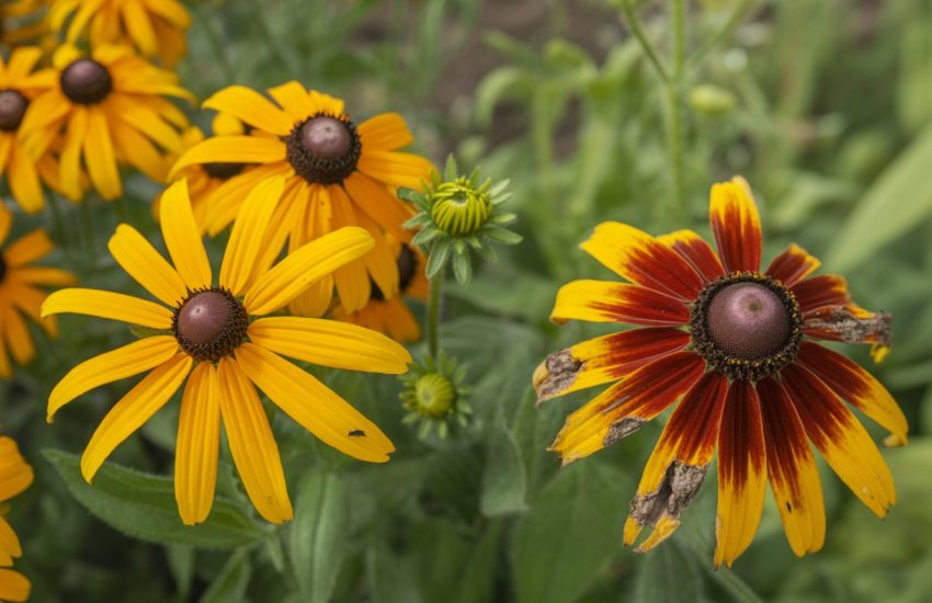 A garden scene showing Black-Eyed Susan flowers with healthy blooms alongside some with yellowing leaves, powdery mildew, and insect damage, with natural remedies like companion plants and neem oil nearby.
