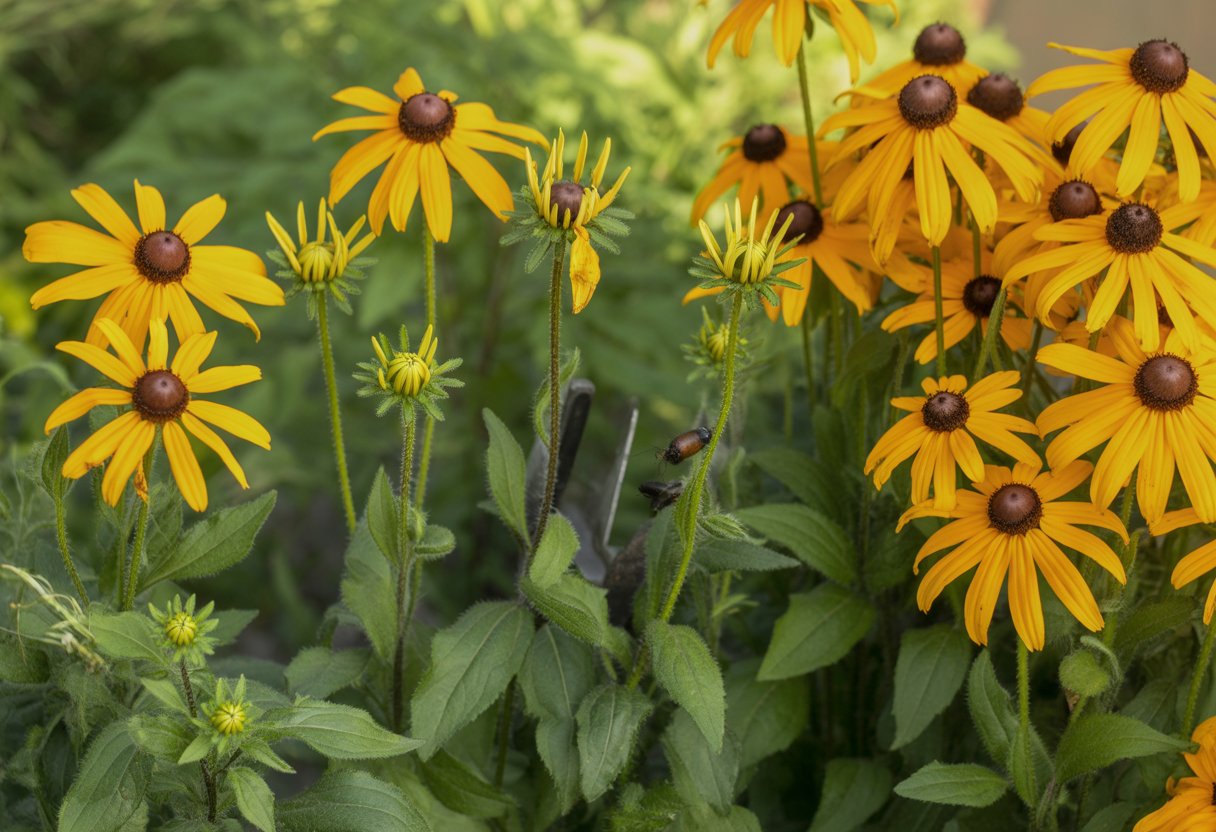 Close-up of Black-Eyed Susan flowers showing some with yellowing leaves and small insects, alongside healthy flowers and gardening tools nearby.