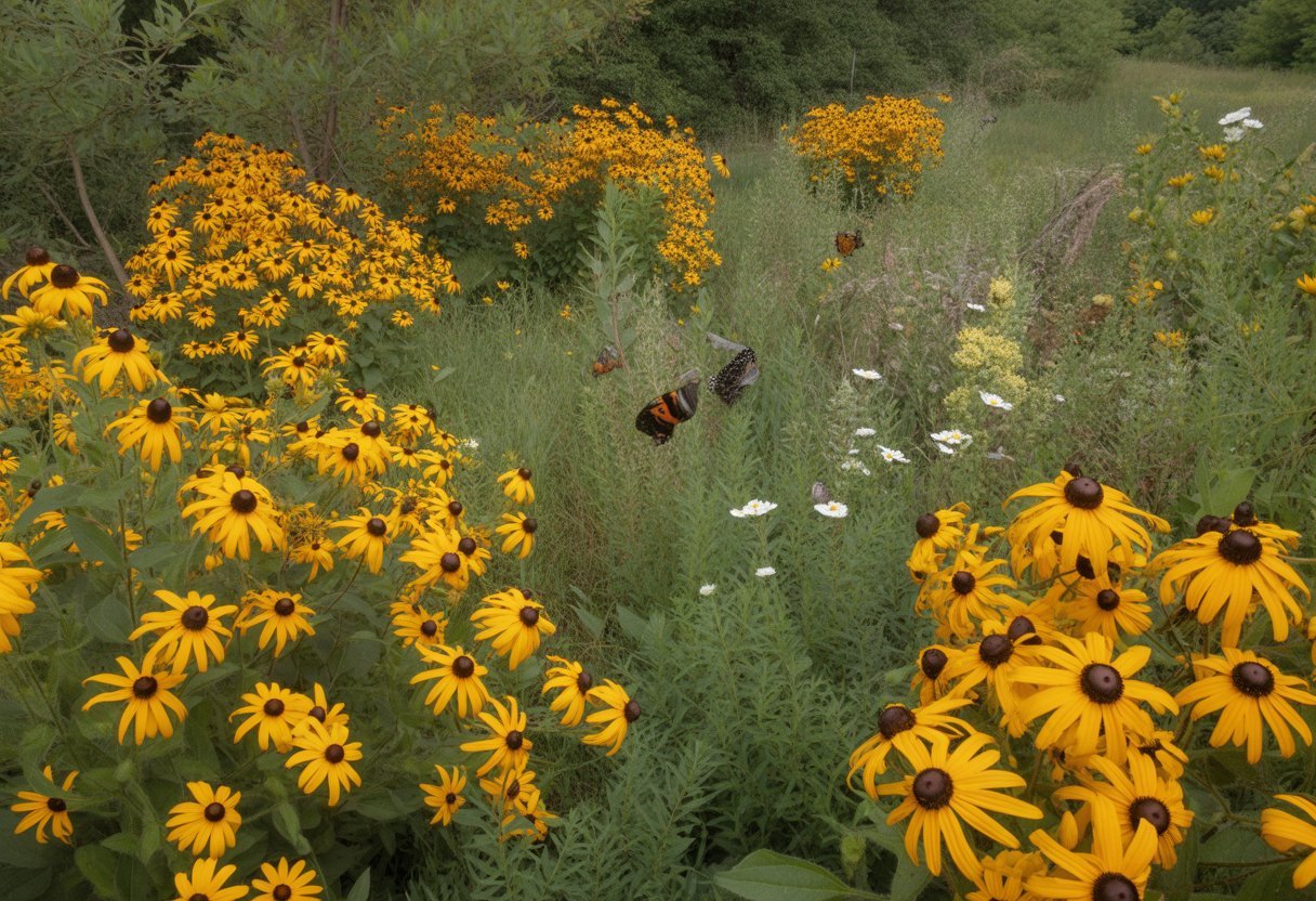 A meadow showing black-eyed Susan flowers spreading densely on one side and a diverse habitat with native plants and small wildlife on the other side.