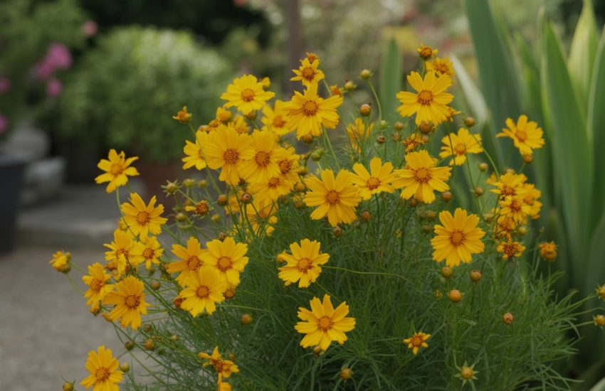 Bright yellow ornamental coreopsis flowers blooming in a landscaped garden with green leaves and sunlight.