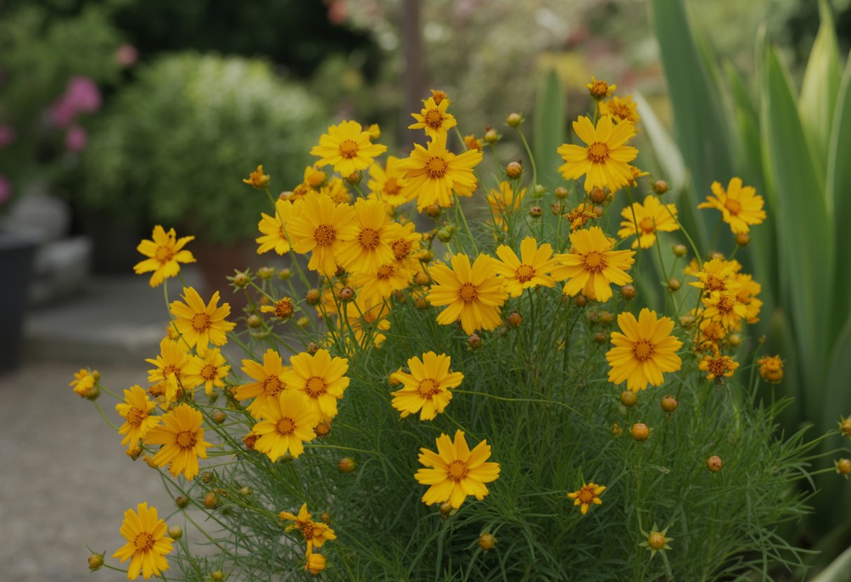 Bright yellow ornamental coreopsis flowers blooming in a landscaped garden with green leaves and sunlight.