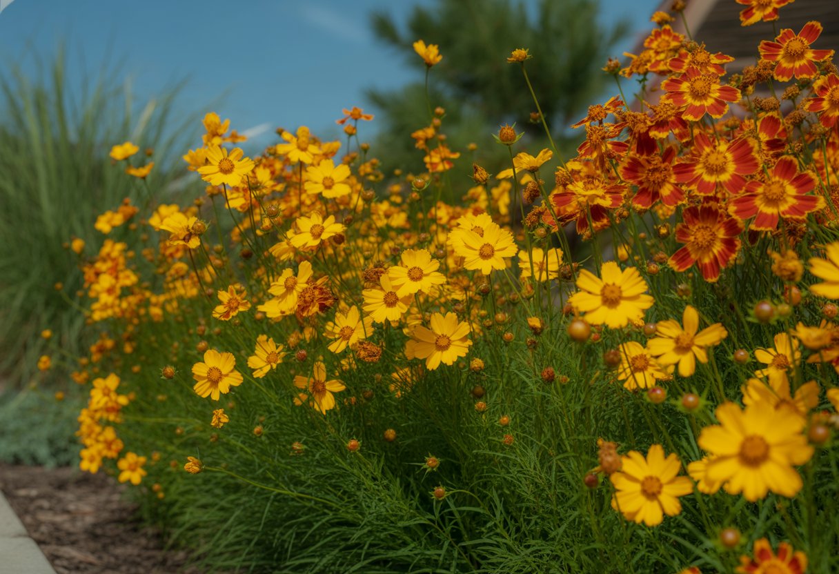 A garden bed filled with bright yellow and orange Coreopsis flowers surrounded by green leaves under a clear blue sky.