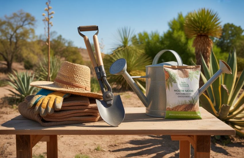 A collection of gardening tools including pruning shears, a hand trowel, gloves, a watering can, and a straw hat arranged on a wooden table outdoors with desert plants in the background.