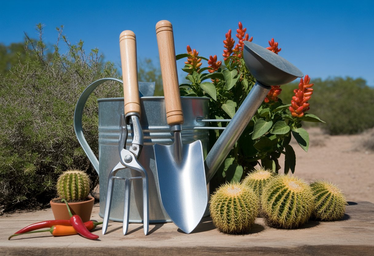 A wooden table outdoors with gardening tools including a trowel, pruning shears, hand cultivator, and watering can surrounded by desert plants like cacti and chile peppers under a clear blue sky.