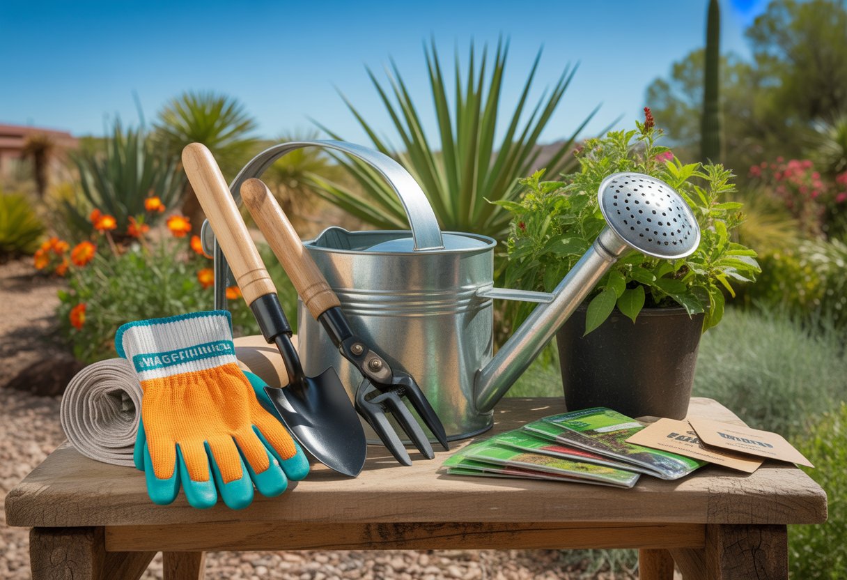 A collection of gardening tools arranged on a wooden table with green plants and flowers in the background under a clear blue sky.
