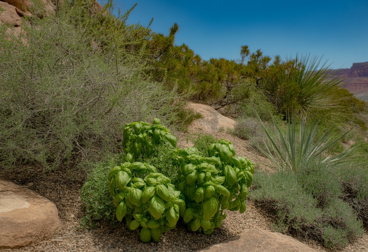 A garden in Utah with green native basil plants growing among desert vegetation and red rock cliffs in the background.